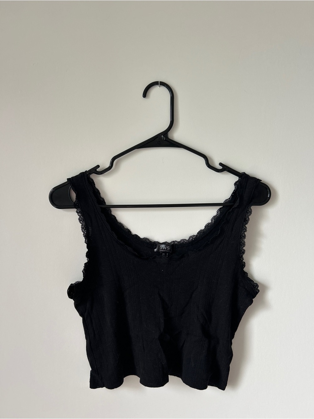 Essentials Black Lace-Trim Ribbed Bandeau Tank